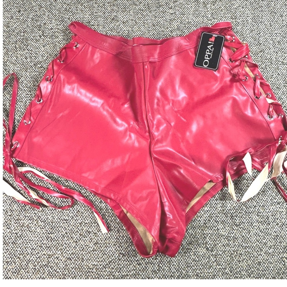 Oppa! Red Faux Leather Lace Up Side Shorts 3X NWT Festival Clubwear